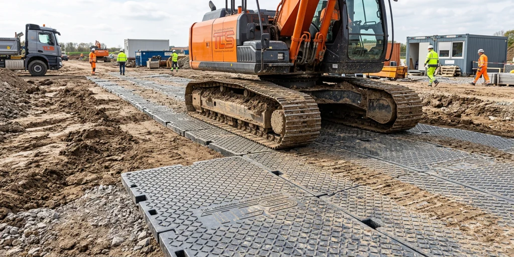 Kettenbagger fährt über mobile Fahrbahnplatten auf Baustelle in Dresden zur Sicherung von Baustraßen im Tiefbau