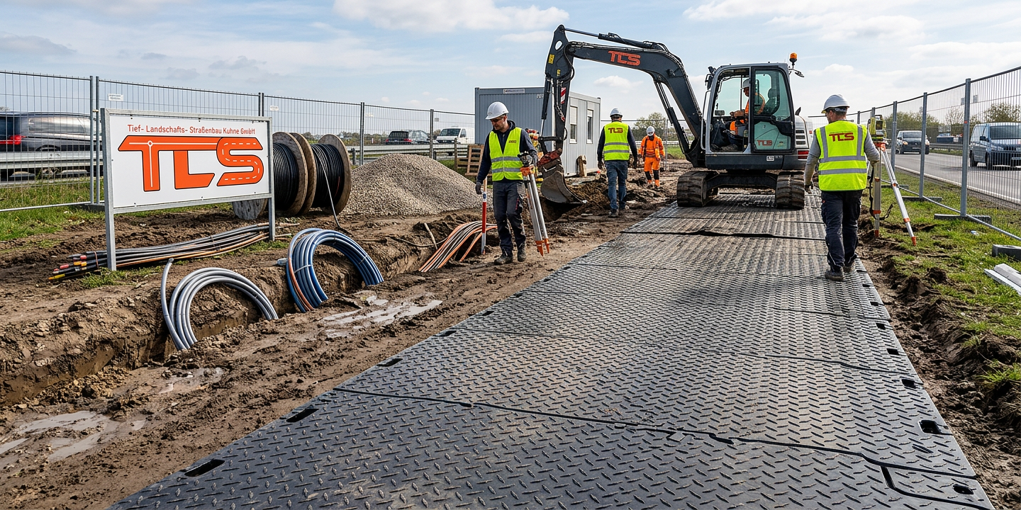 Tiefbauarbeiter verlegen Leitungen neben mobiler Fahrbahnplatte auf Baustelle in Dresden im Rahmen von Erdarbeiten