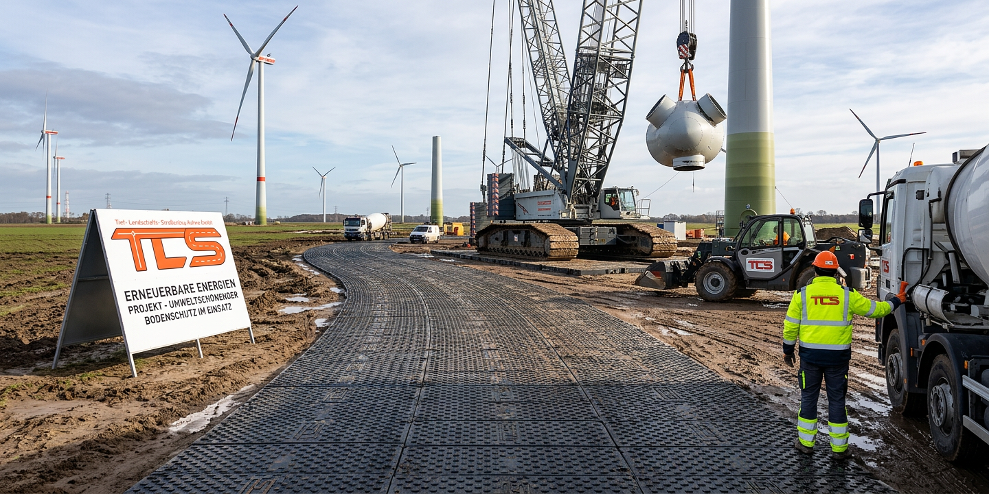 Baustellenfahrzeuge nutzen mobile Fahrbahnplatten bei Windkraftprojekt zur Bodenschonung im Tiefbau