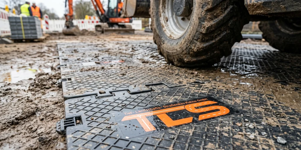 Baumaschine fährt über gemietete Bodenschutzplatten auf Baustelle in Dresden zum Schutz des Untergrunds