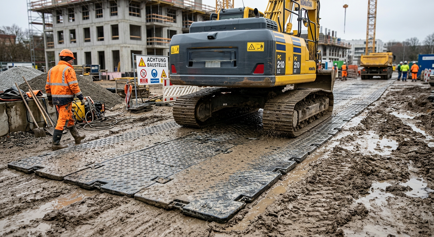 Bagger nutzt mobile Fahrbahnplatten auf Baustelle in Dresden zur Stabilisierung des Bodens im Tiefbau